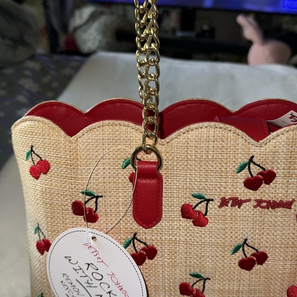 NWT Betsy Johnson Cherry Tote Bag Viral Novelty Handbag Purse Rattan Heart Large - Picture 9 of 15